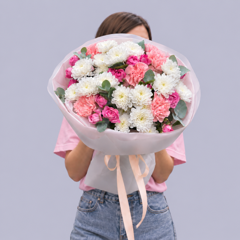 Букет «Тепла палітра» — букет із гвоздик, хризантем, піоновидних кущових троянд і зелені Букет «Тепла палітра» — букет із гвоздик, хризантем, піоновидних кущових троянд і зелені