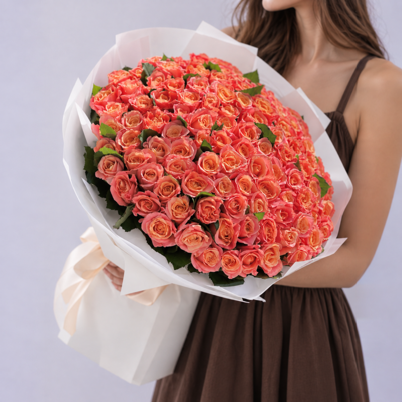 “Coral Love” Bouquet — a luxurious bouquet of 101 roses, 50 cm