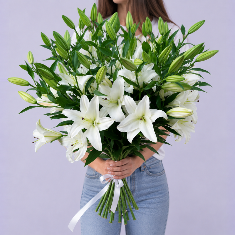 “Heavenly Lily” Bouquet — a large bouquet of 15 white lilies